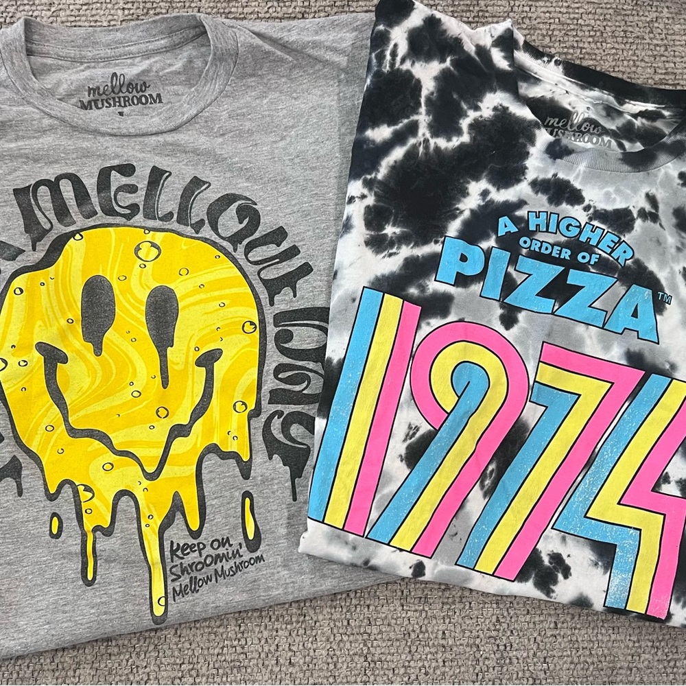 Mellow Mushroom T-Shirts - Gray and Black/White tie-dyed
